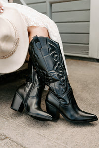 Didn't Come To Play Faux Leather Cowgirl Boots (Black) - NanaMacs