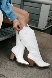 Didn't Come To Play Faux Leather Cowgirl Boots (White) - NanaMacs