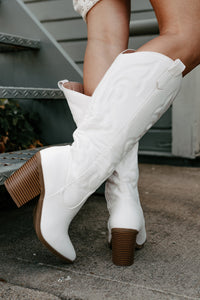 Didn't Come To Play Faux Leather Cowgirl Boots (White) - NanaMacs