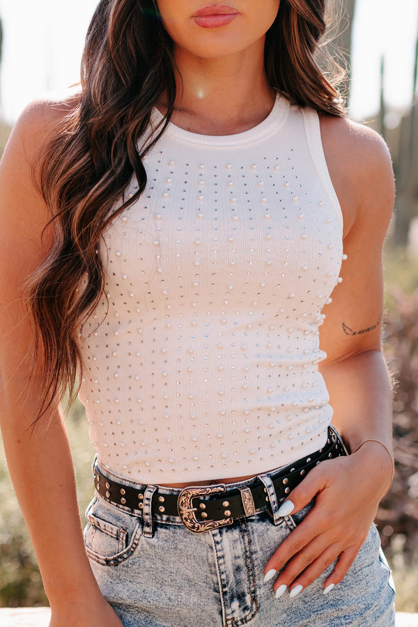 Photo Ready Rhinestone Pearl Ribbed Tank Top (Off White) - NanaMacs