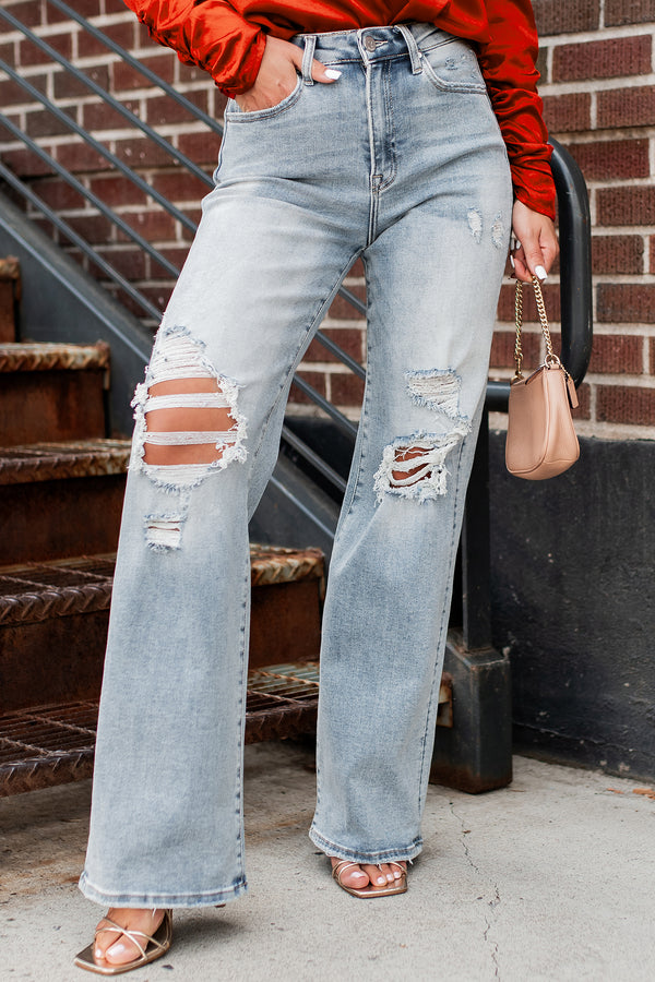 Kam High Rise Distressed Straight Leg Jeans (Light) - NanaMacs