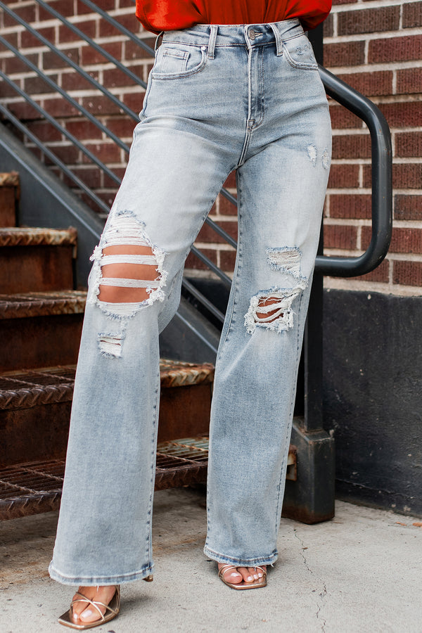 Kam High Rise Distressed Straight Leg Jeans (Light) - NanaMacs