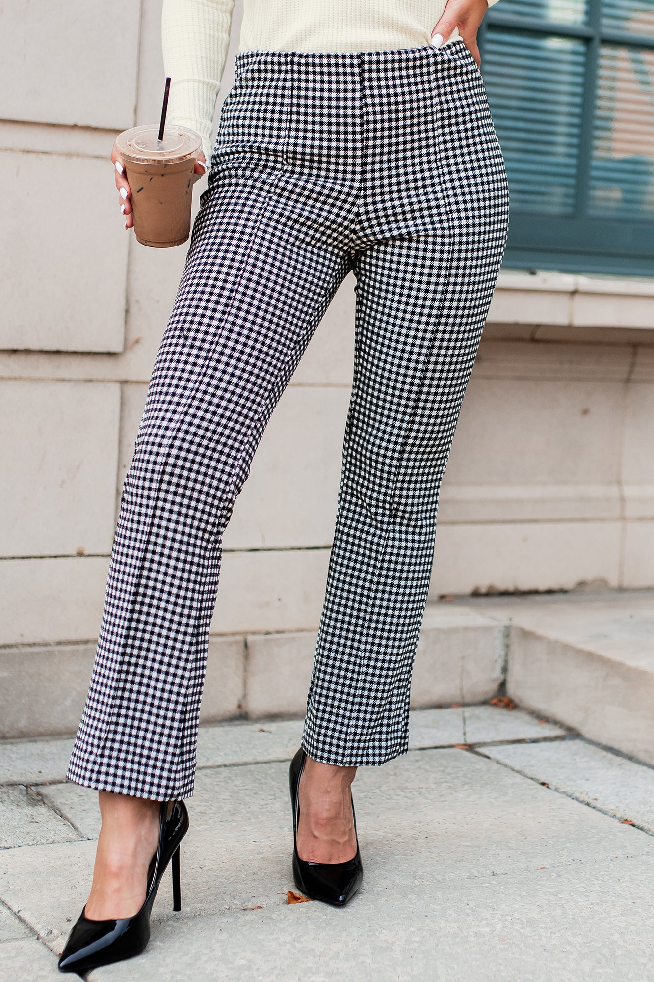 Checkered Past Fit & Flare Checkered Knit Pants (Black/White) - NanaMacs