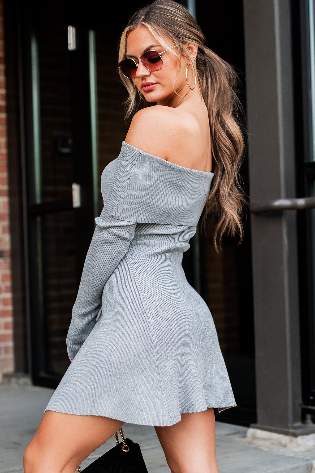 Lost In A Memory Off The Shoulder Sweater Dress (Heather Grey) - NanaMacs
