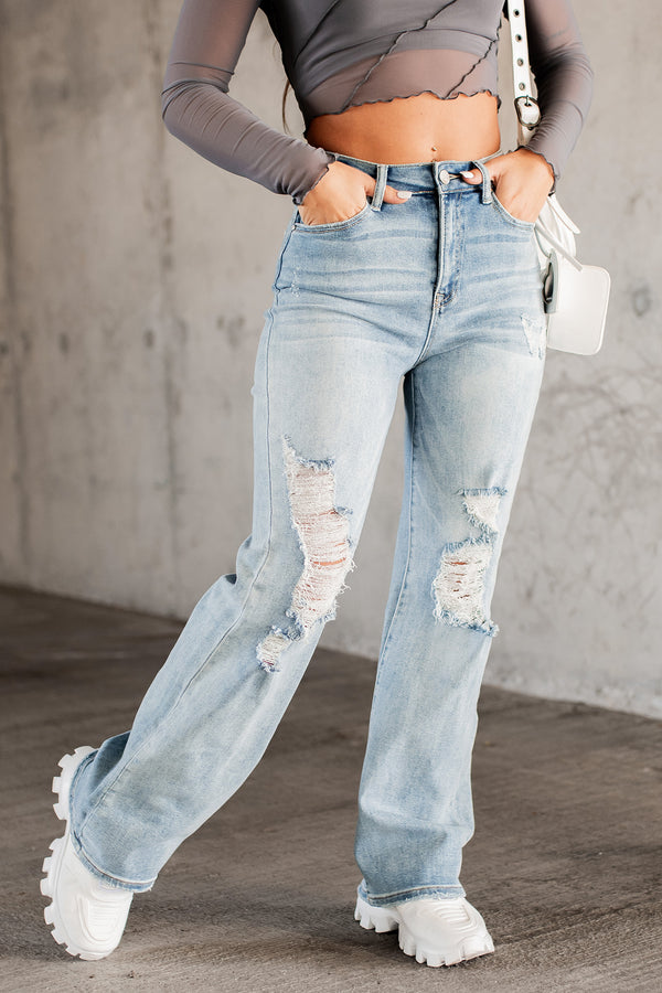 Kam High Rise Distressed Straight Leg Jeans (Light) - NanaMacs