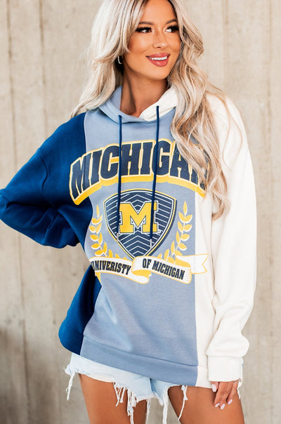 "University Of Michigan" Colorblock Graphic Hoodie (Navy/Ivory) - NanaMacs