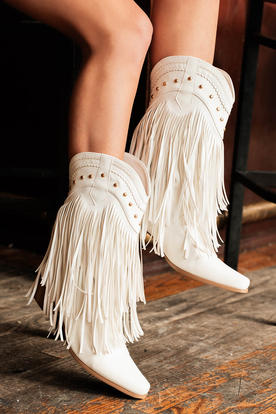 Shoot From The Hip Fringe Western Booties (White) - NanaMacs