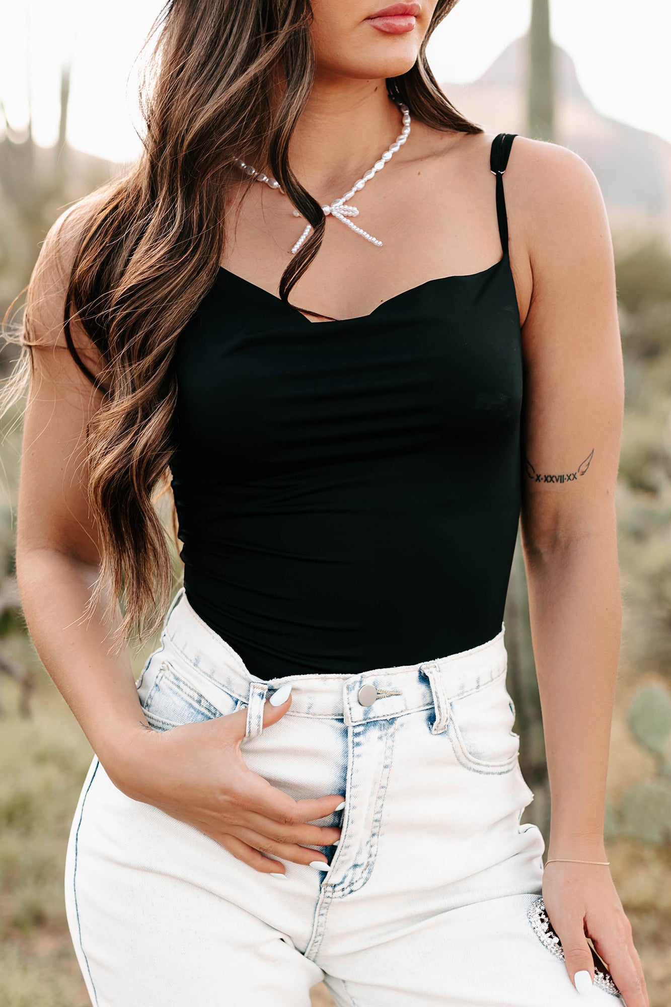 Cool & Controlled Cowl Neck Tank Bodysuit (Black) · NanaMacs