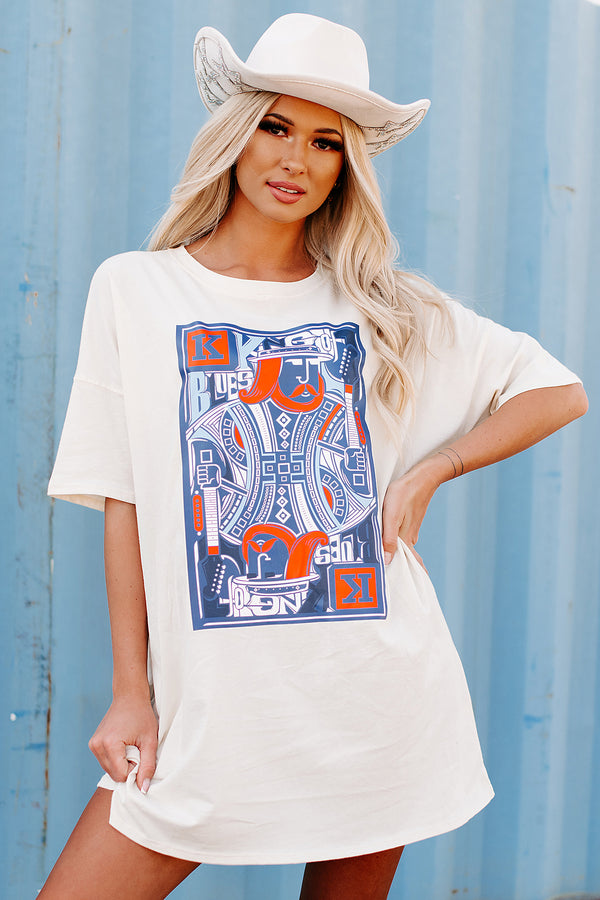 "King Of Blues" Oversized Graphic T-Shirt Dress (Vanilla) - Print On Demand - NanaMacs