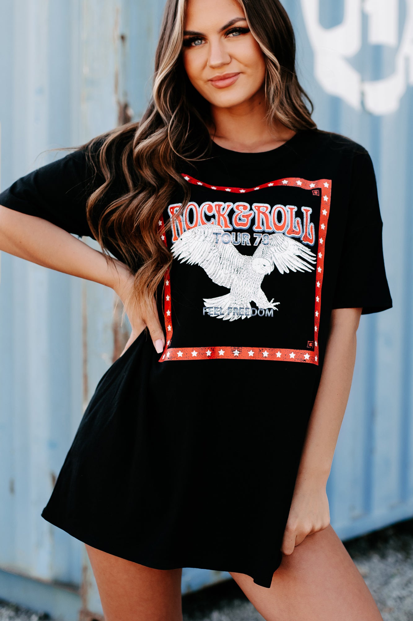 "Rock & Roll Tour" Oversized Graphic T-Shirt Dress (Black) - Print On Demand - NanaMacs