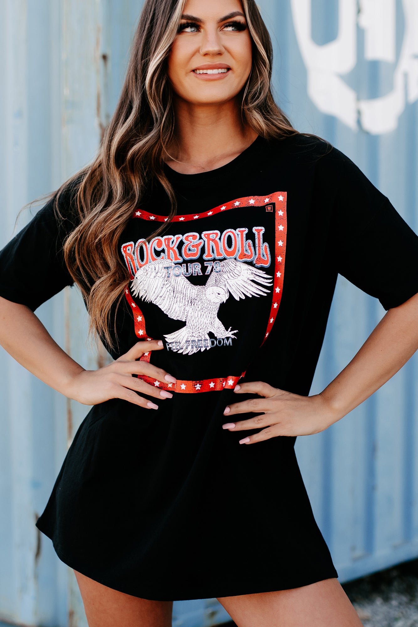 "Rock & Roll Tour" Oversized Graphic T-Shirt Dress (Black) - Print On Demand - NanaMacs
