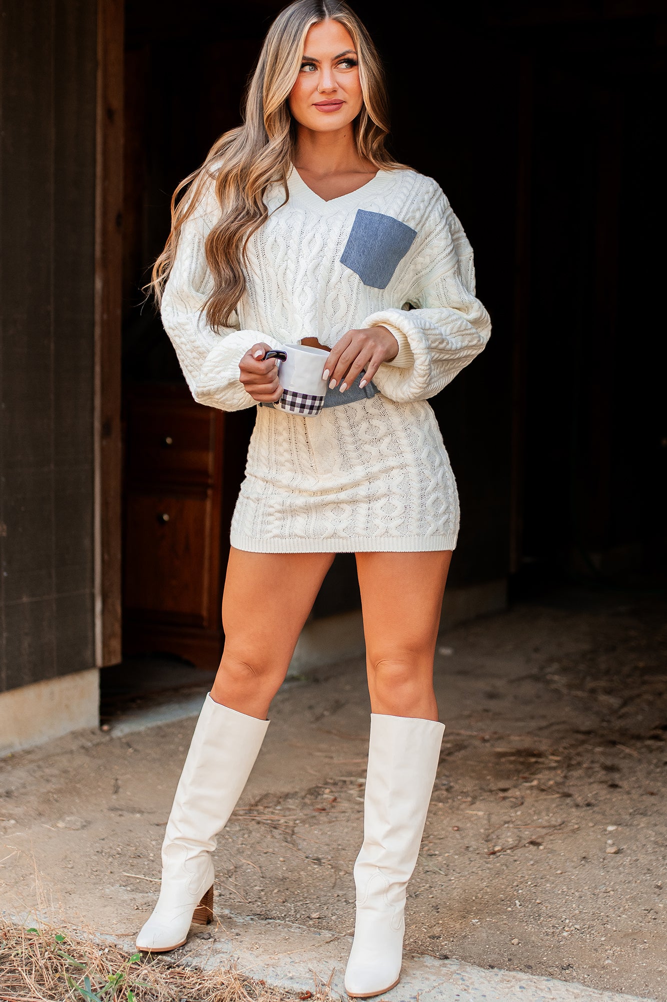 Definitely Not Average Denim Contrast Sweater Knit Two-Piece Set (Off White) - NanaMacs