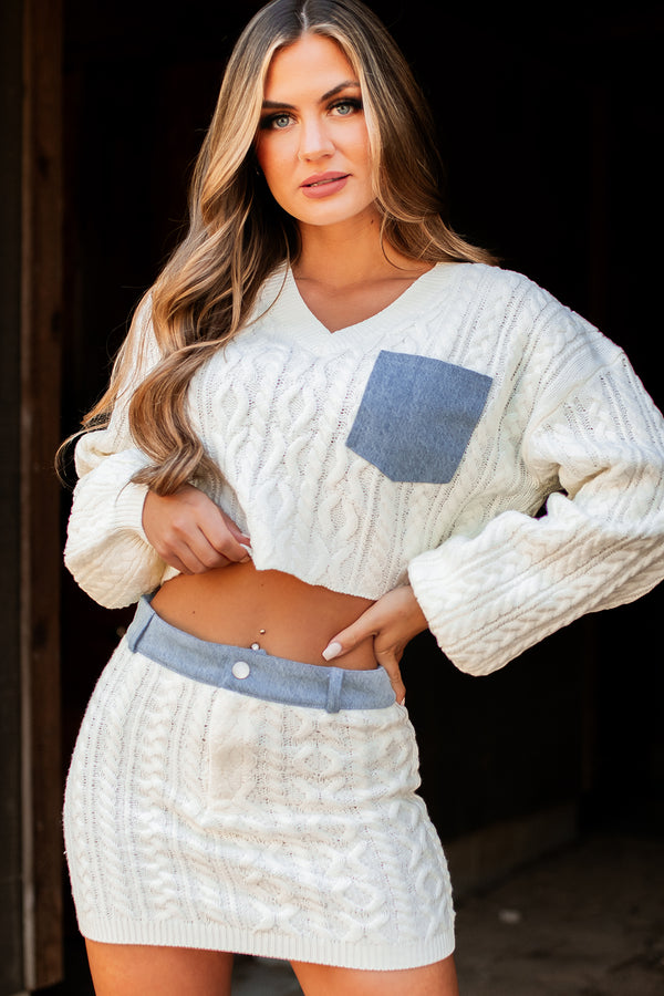 Definitely Not Average Denim Contrast Sweater Knit Two-Piece Set (Off White) - NanaMacs