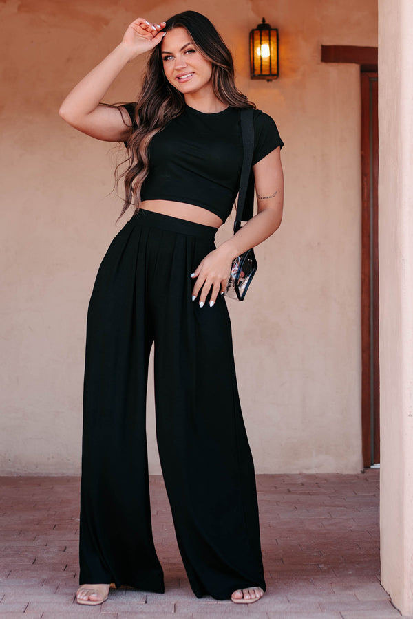 Fashionable Finesse Crop Top & Palazzo Pant Set (Black) - NanaMacs