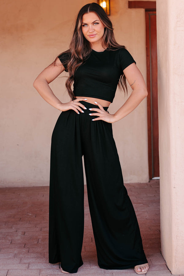 Fashionable Finesse Crop Top & Palazzo Pant Set (Black) - NanaMacs