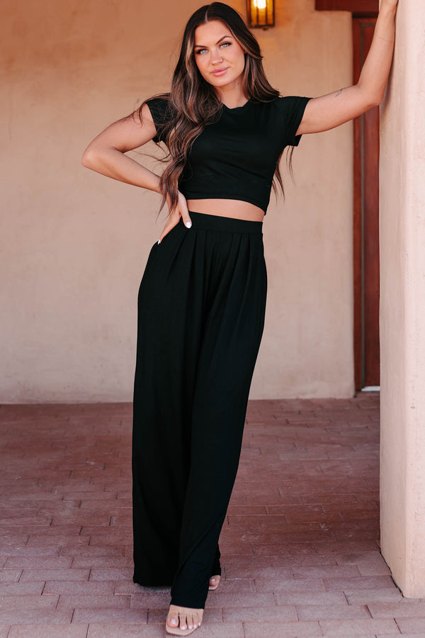 Fashionable Finesse Crop Top & Palazzo Pant Set (Black) - NanaMacs