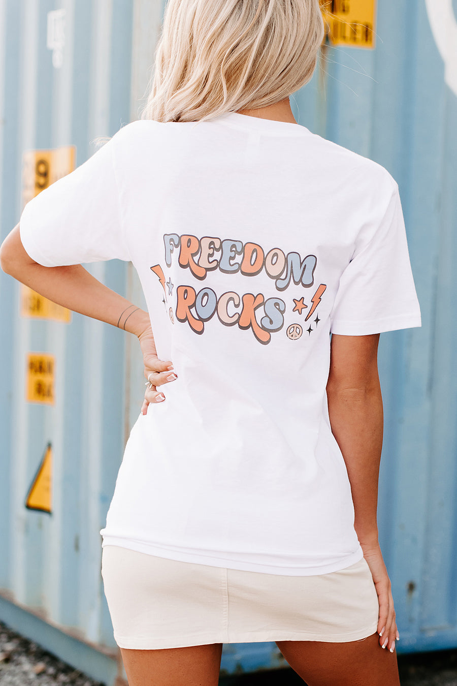 "Rocking Out To Freedom" Double-Sided Graphic T-Shirt (White) - Print On Demand - NanaMacs