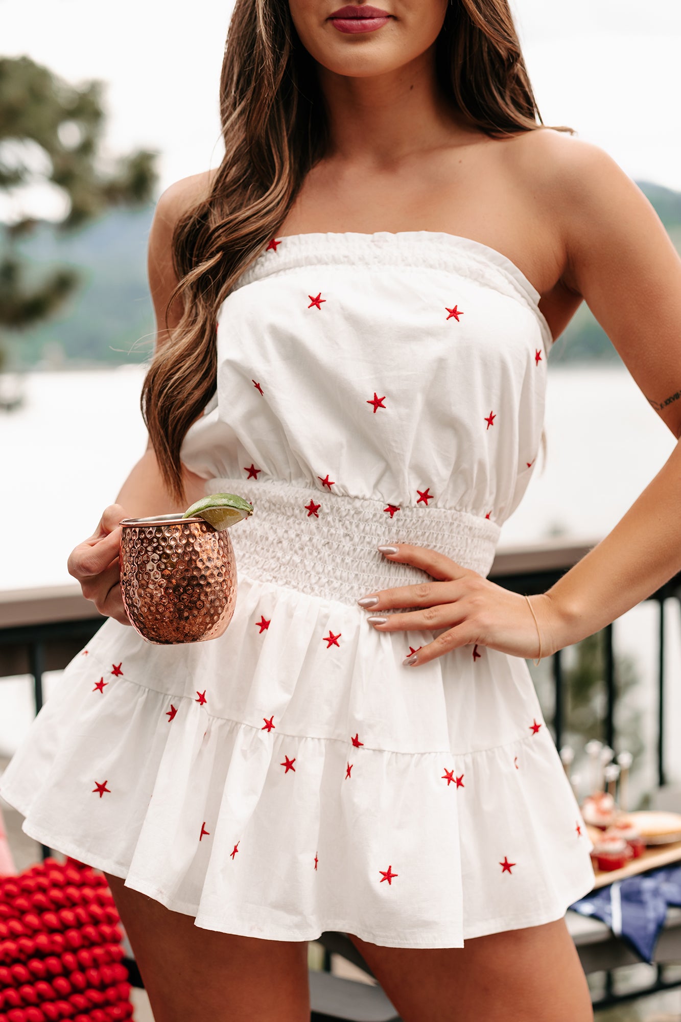 Cue The Sparklers Star Embroidered Strapless Romper Dress (White/Red) - NanaMacs