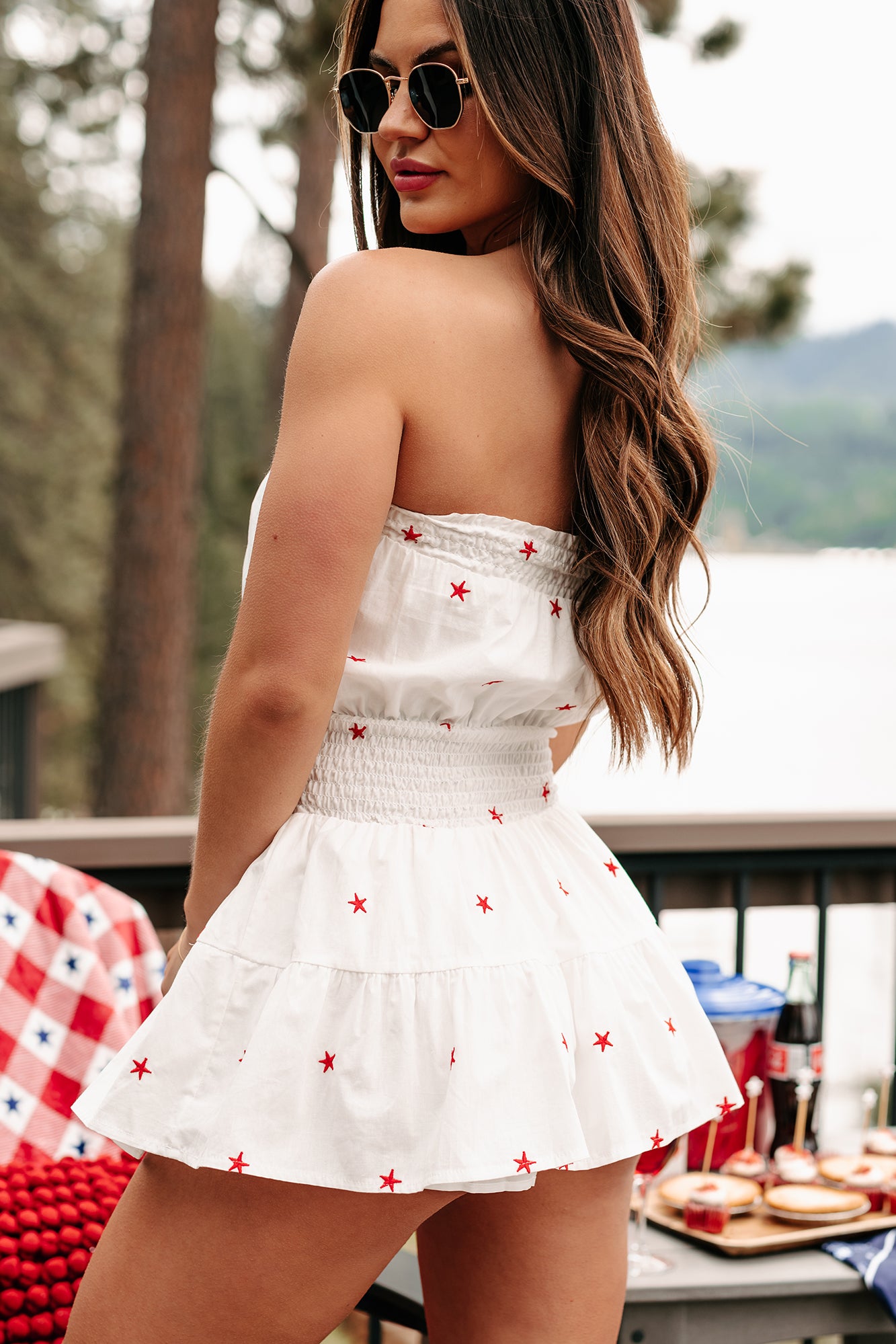Cue The Sparklers Star Embroidered Strapless Romper Dress (White/Red) - NanaMacs
