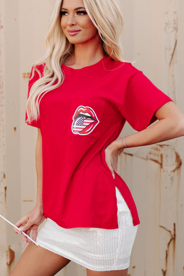 Tongues Out Crewneck Pocket Graphic Tee (Red) - Print On Demand - NanaMacs