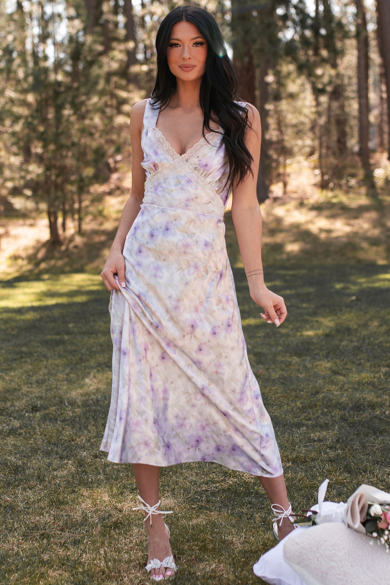 Lovely Looks Open Back Satin Floral Midi Dress (Lavender Multi) - NanaMacs