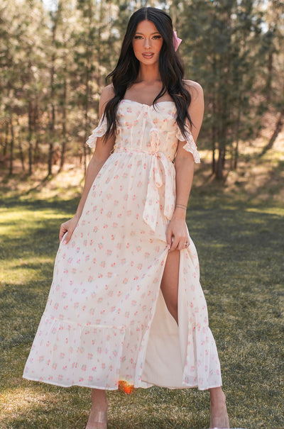 Love Is A Gamble Floral Corset Midi Dress (Blush Pink) - NanaMacs