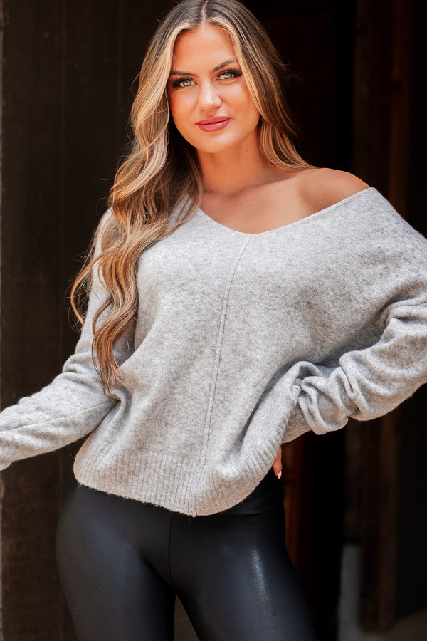 We're Gonna Last Seam Detail V-Neck Sweater (Heather Grey) - NanaMacs