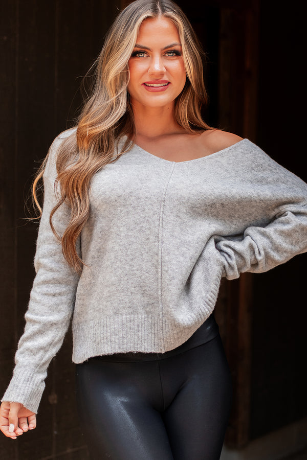 We're Gonna Last Seam Detail V-Neck Sweater (Heather Grey) - NanaMacs