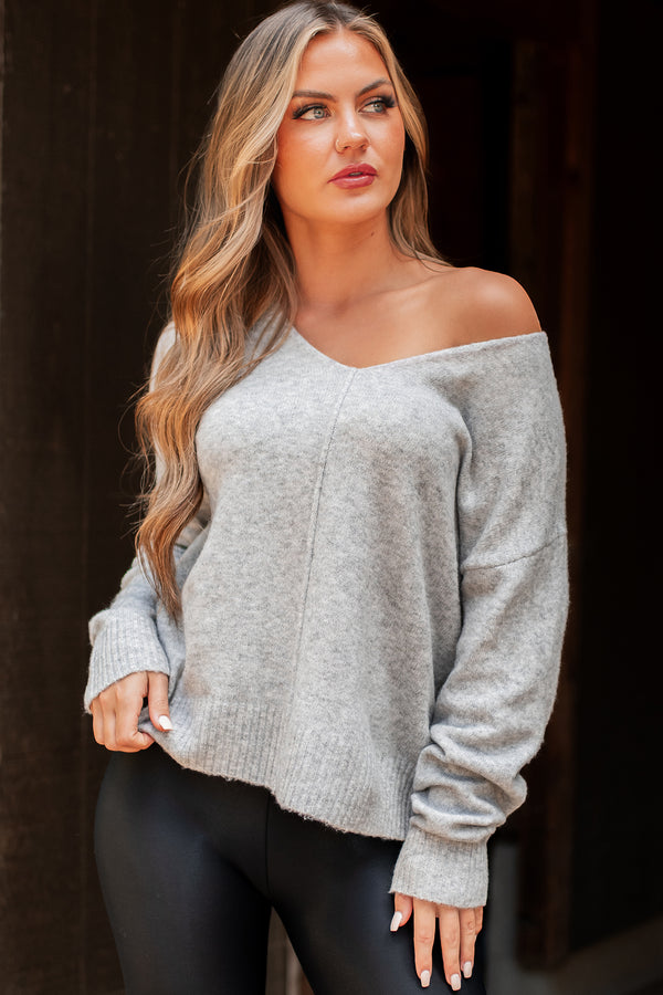 We're Gonna Last Seam Detail V-Neck Sweater (Heather Grey) - NanaMacs