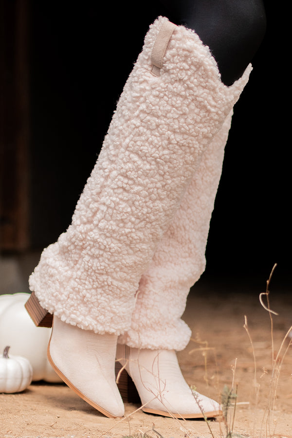 Boujee Cowgirl Slouchy Sherpa Boots (Beige) - NanaMacs