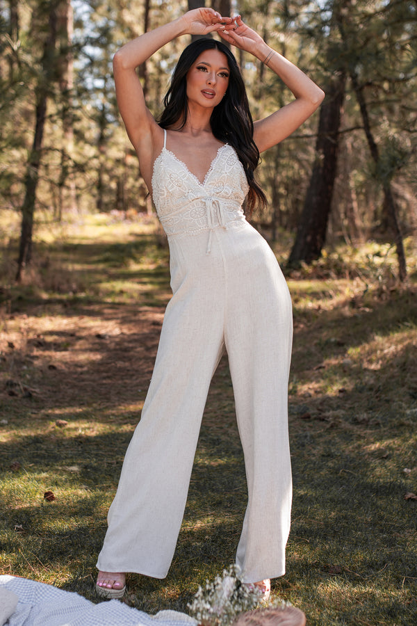 Take Me To Cabo Linen Crochet Lace Jumpsuit (Natural) - NanaMacs