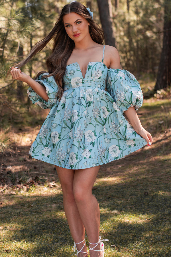 The Beauty Within Off The Shoulder Floral Mini Dress (Aqua Blue) - NanaMacs