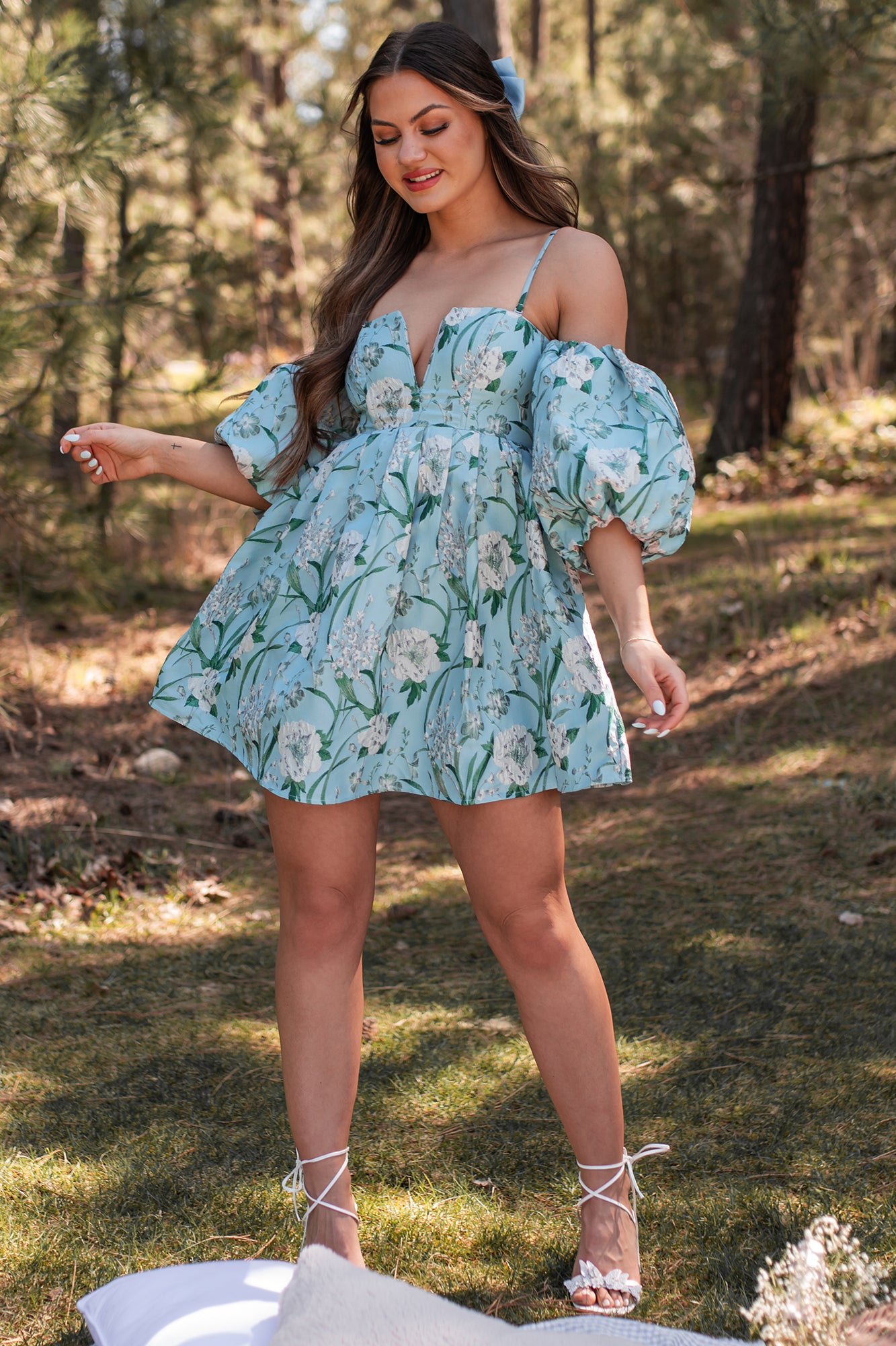 Women's The Beauty Within Off The Shoulder Floral Mini Dress in Aqua Blue - Size M Women's The Beauty Within Off The Shoulder Floral Mini Dress in Aqua Blue - Size M