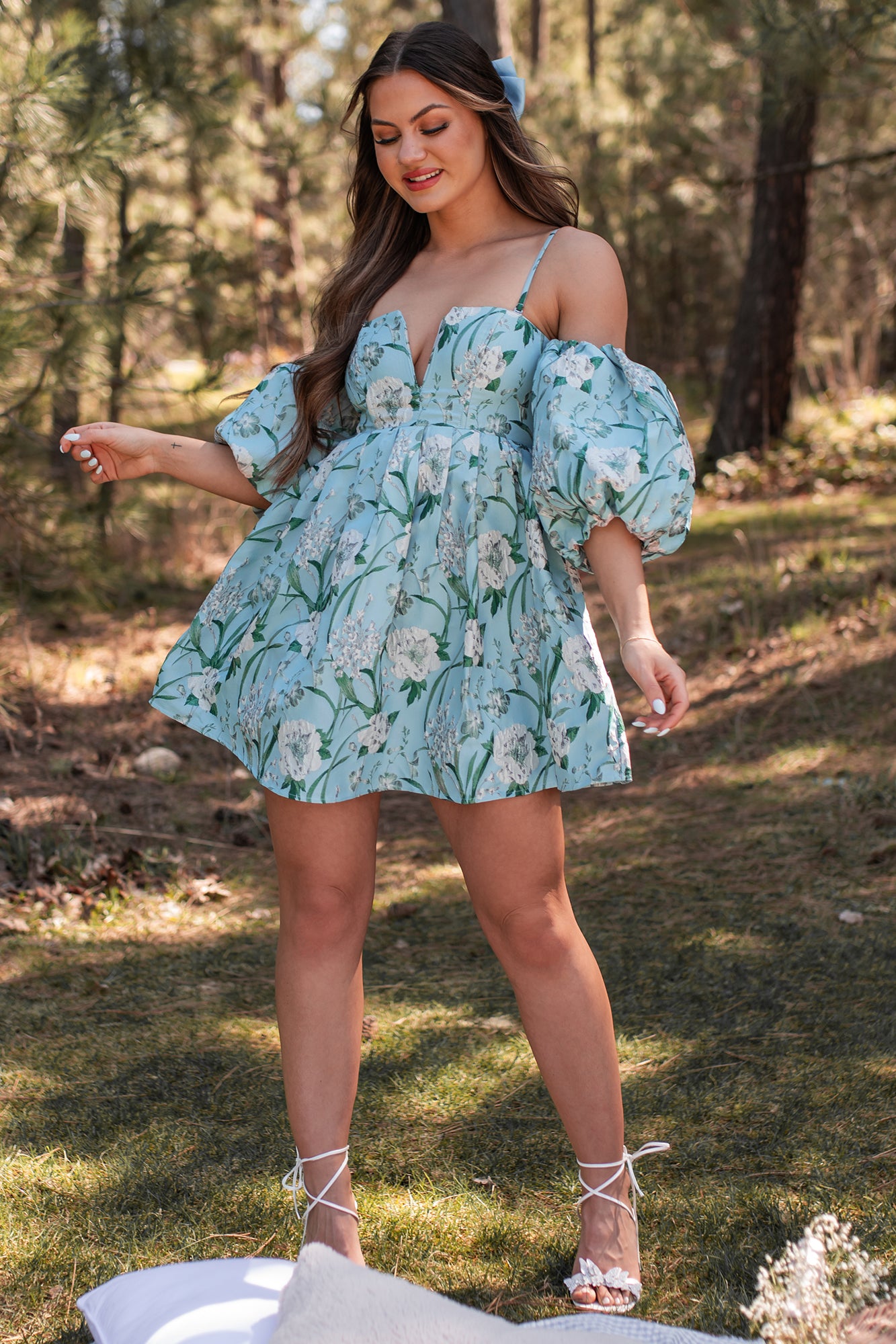 The Beauty Within Off The Shoulder Floral Mini Dress (Aqua Blue) - NanaMacs