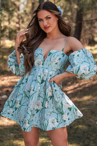 The Beauty Within Off The Shoulder Floral Mini Dress (Aqua Blue) - NanaMacs