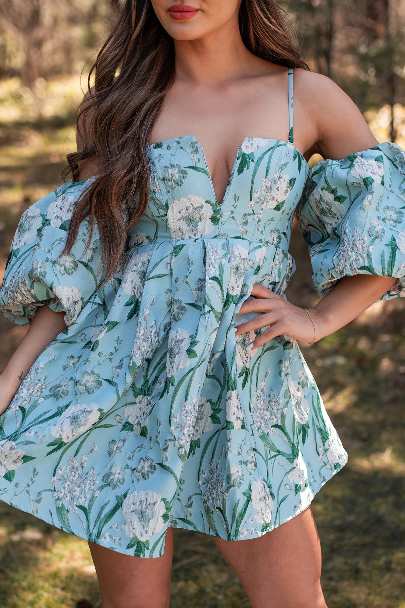 The Beauty Within Off The Shoulder Floral Mini Dress (Aqua Blue) - NanaMacs