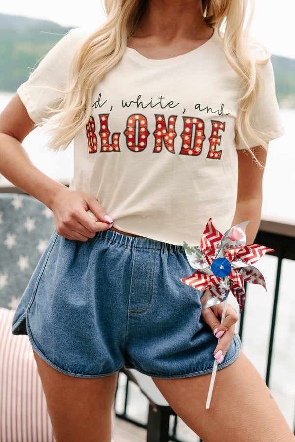 "Red, White, and Blonde” Graphic Crop Tee (Cream) - Print On Demand - NanaMacs