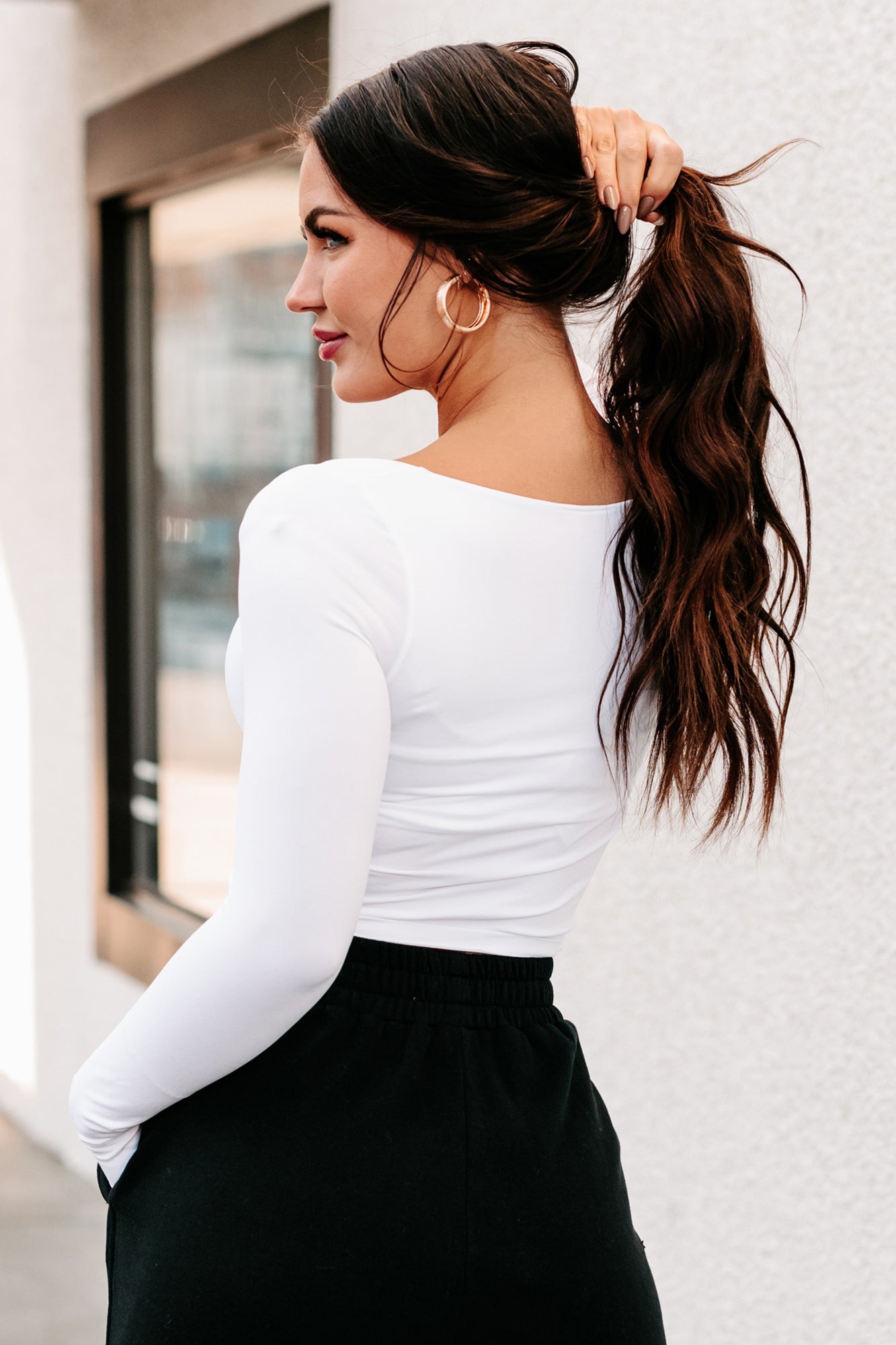 Better Be Sure Square Neck Long Sleeve Crop Top (White) - NanaMacs