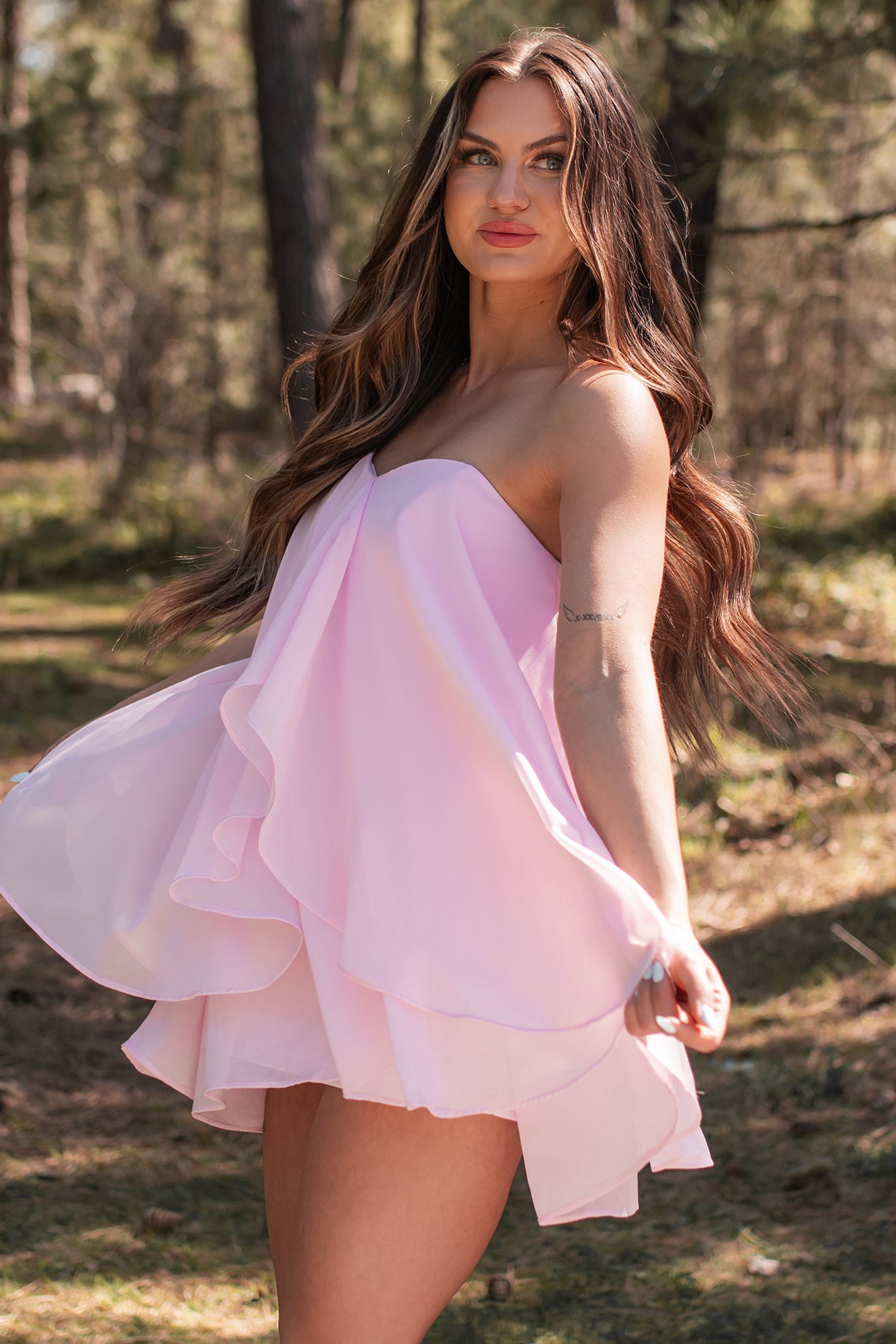 Whimsical Notion Flounce Chiffon Sweetheart Mini Dress (Pale Pink) - NanaMacs