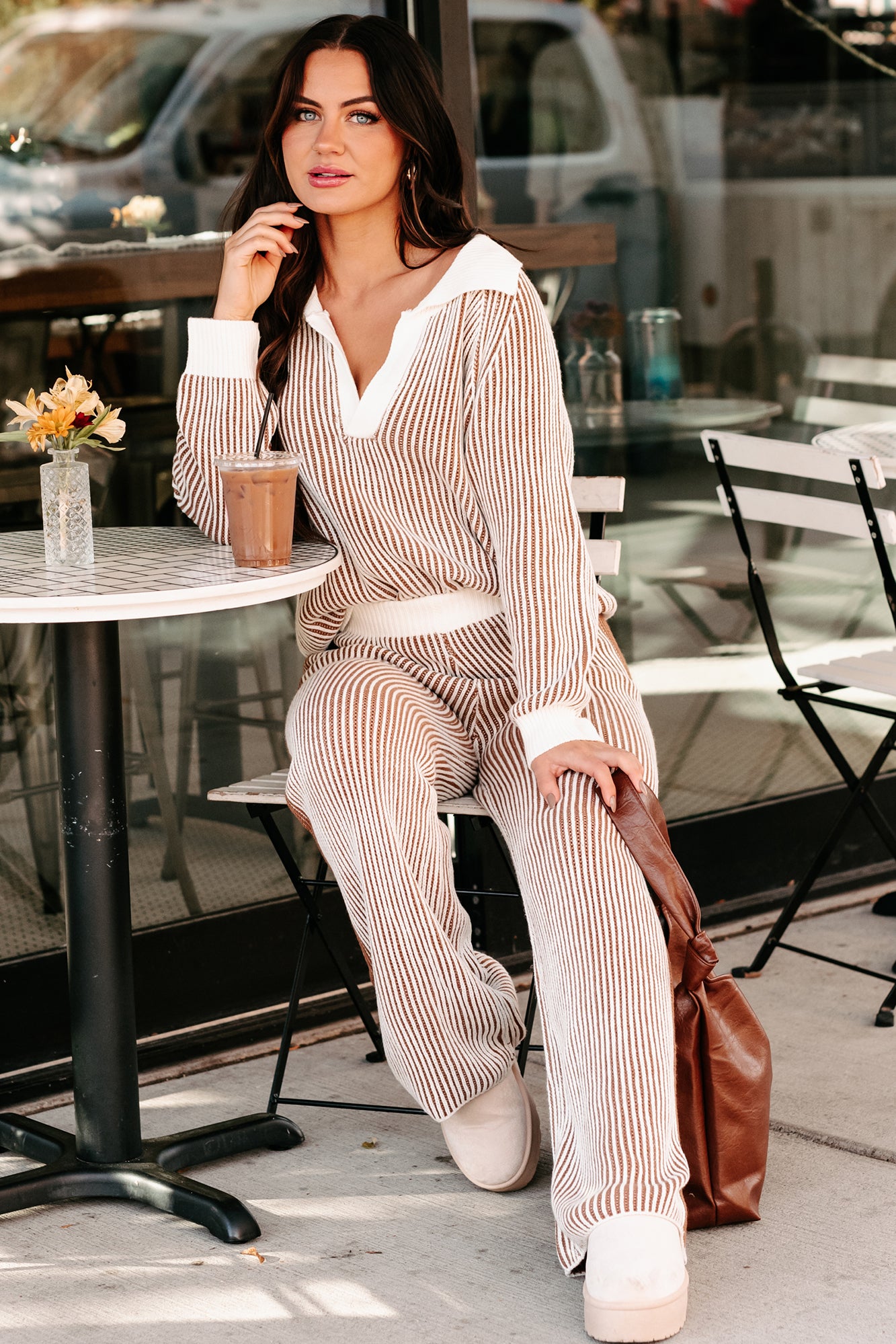 Salazar Two-Tone Striped Sweater & Pants Set (Ivory/Cinnamon)