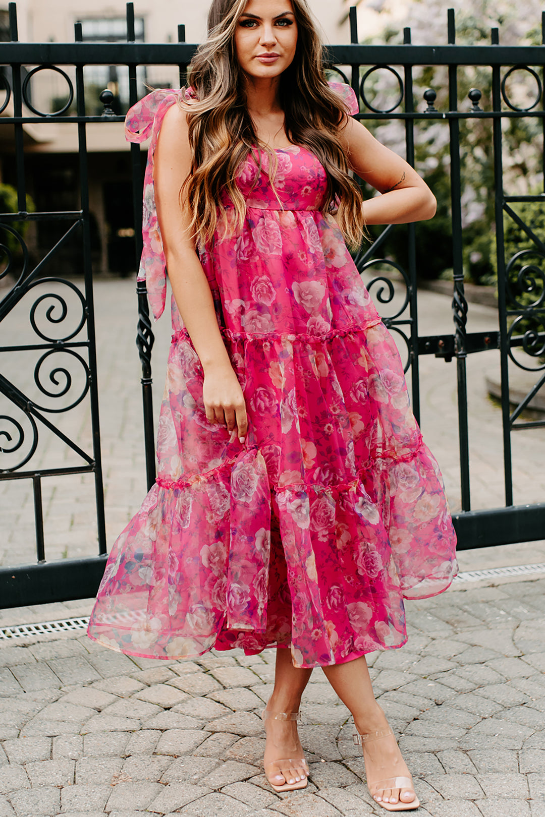 Candid Smiles Tiered Floral Organza Dress (Pink) - NanaMacs