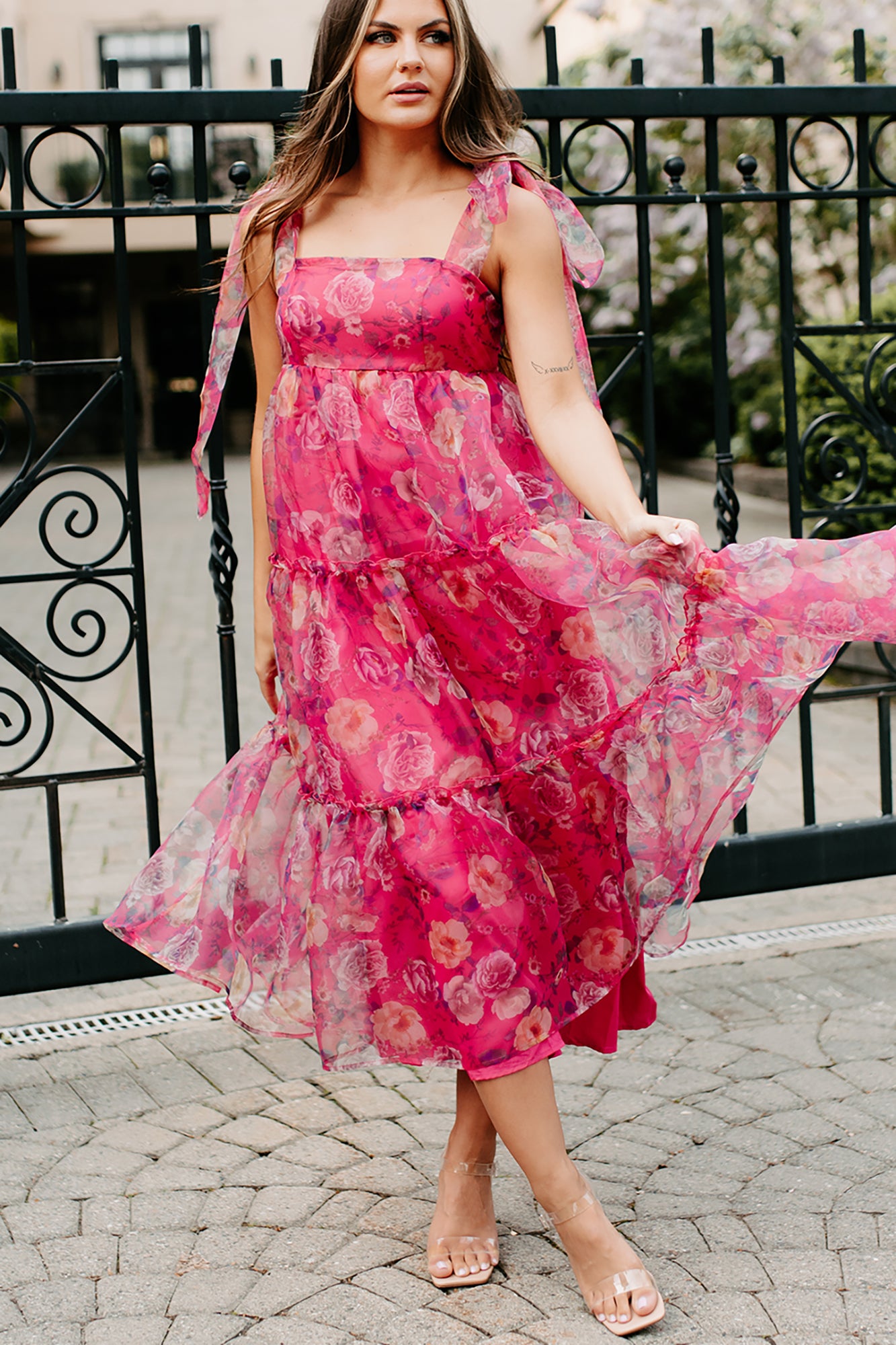 Candid Smiles Tiered Floral Organza Dress (Pink) · NanaMacs