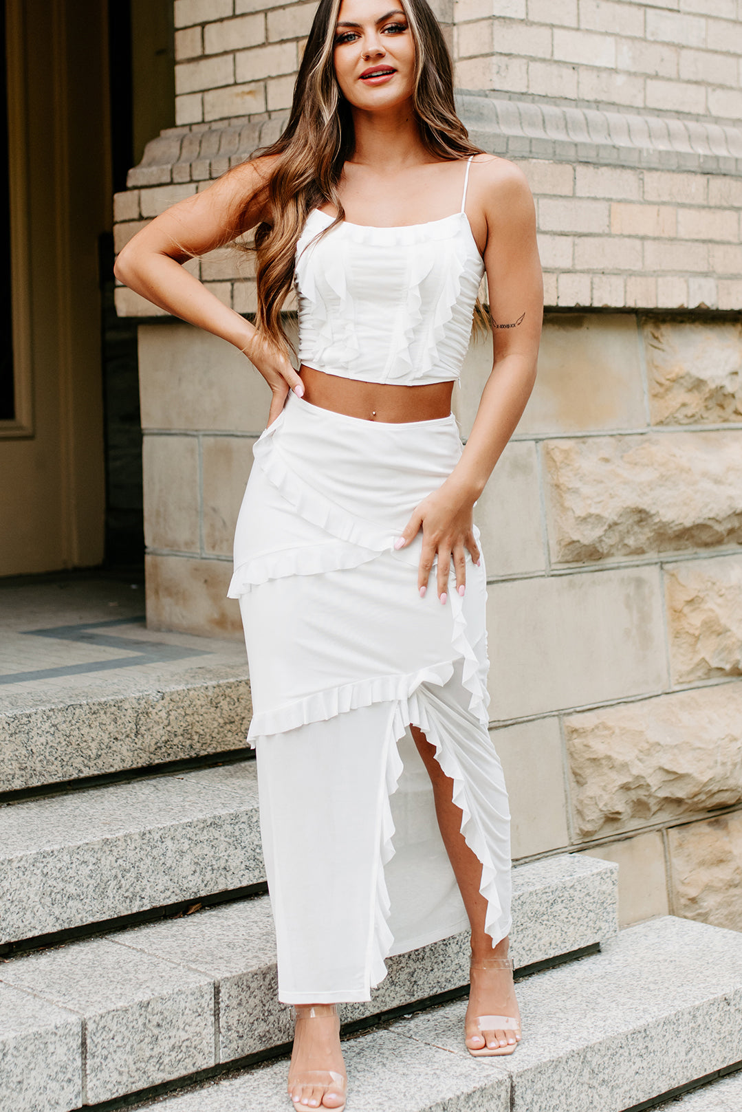 Late To The Party Ruffled Crop Top (White) - NanaMacs