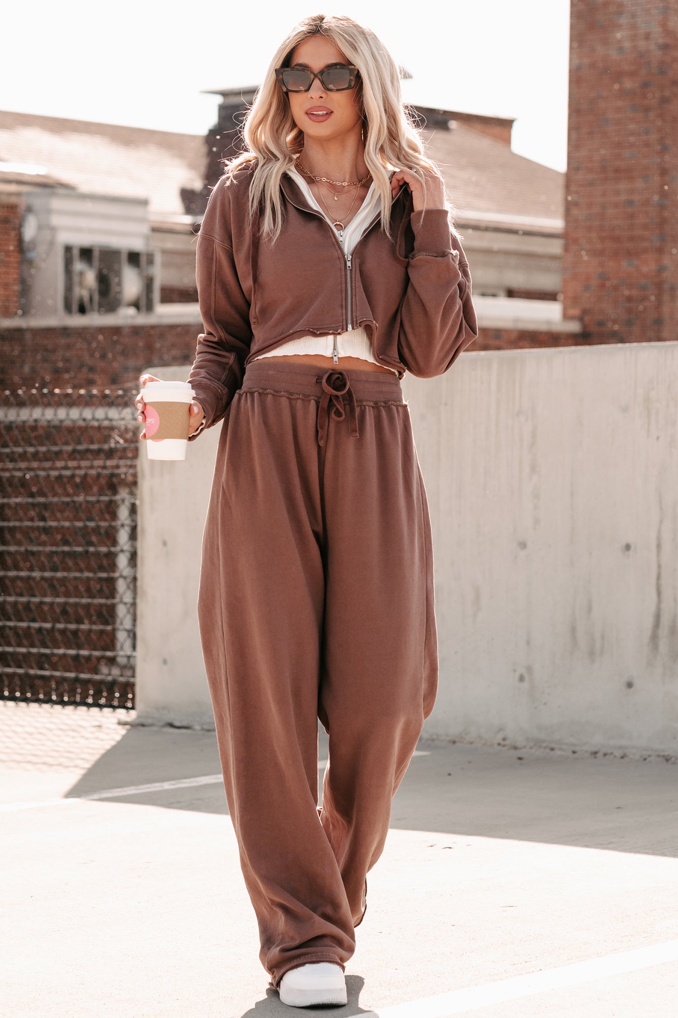 Easy To Imagine Crop Hoodie & Pants Set (Brown) - NanaMacs