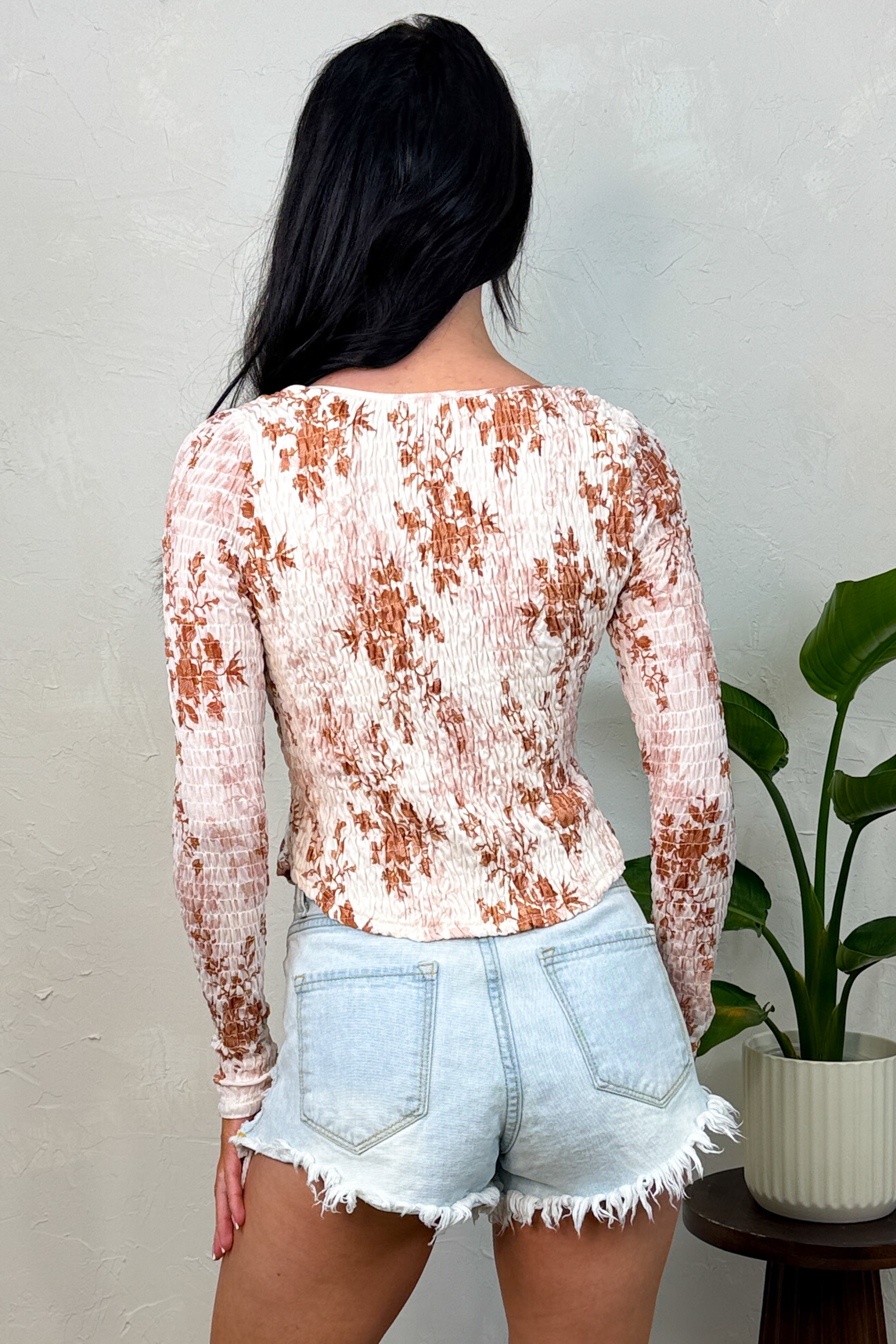 Darling Behavior Floral Long Sleeve Smocked Crop Top (Cream) - NanaMacs