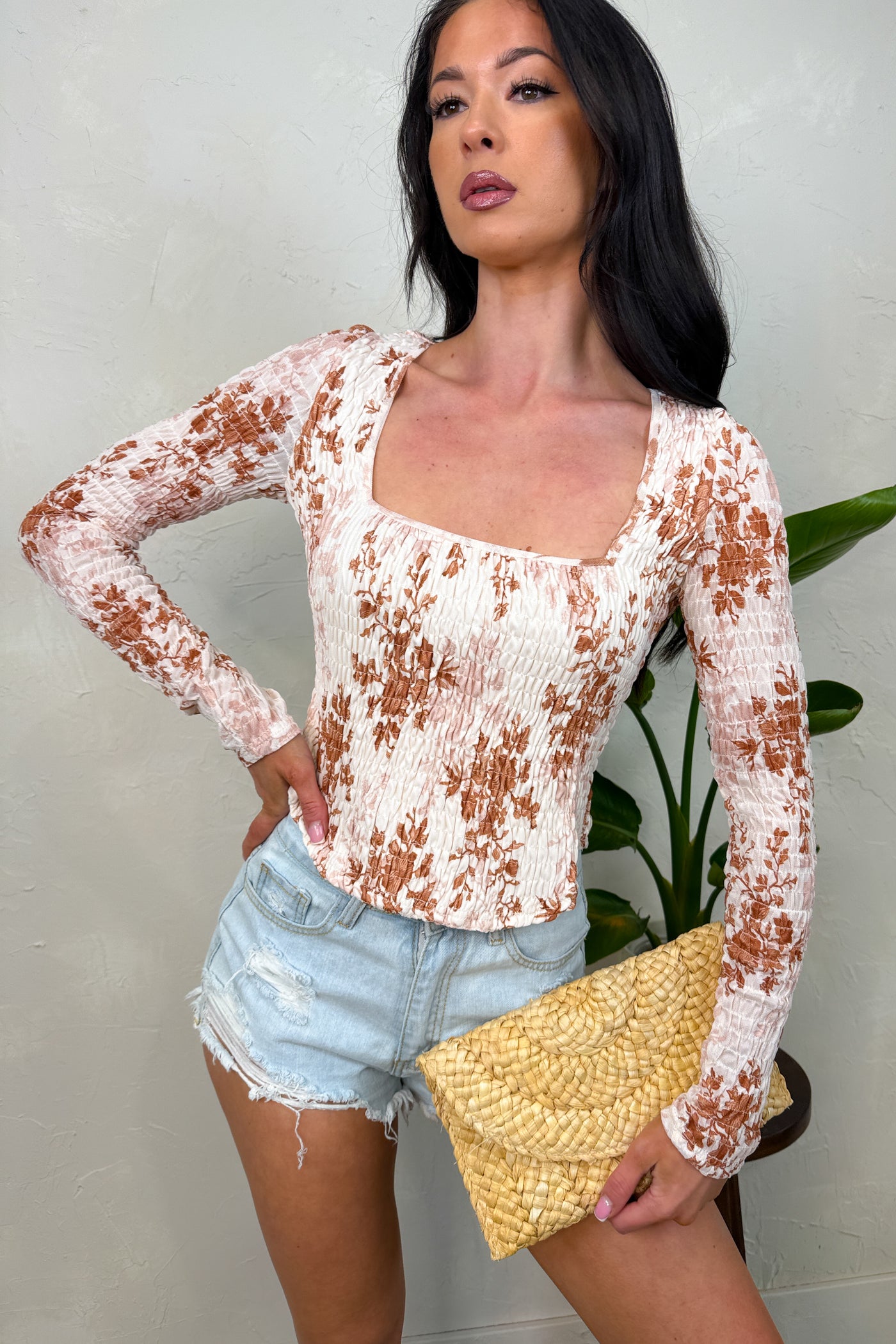 Darling Behavior Floral Long Sleeve Smocked Crop Top (Cream) - NanaMacs