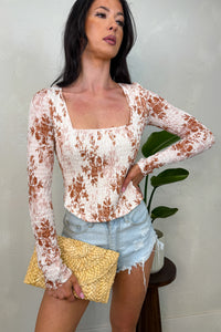 Darling Behavior Floral Long Sleeve Smocked Crop Top (Cream) - NanaMacs