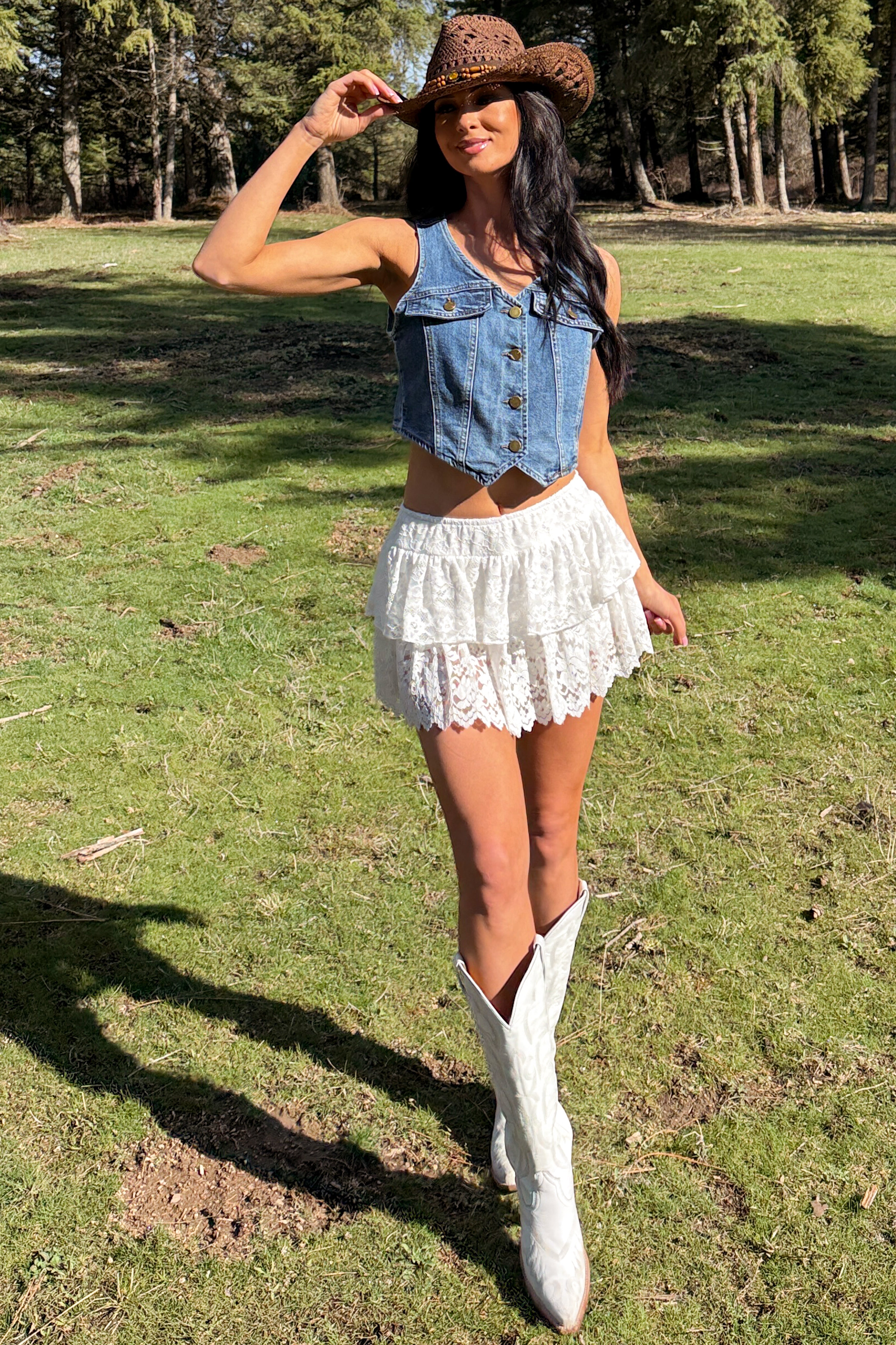 Downtown Heat Lace Layered Ruffle Mini Skort (White) - NanaMacs