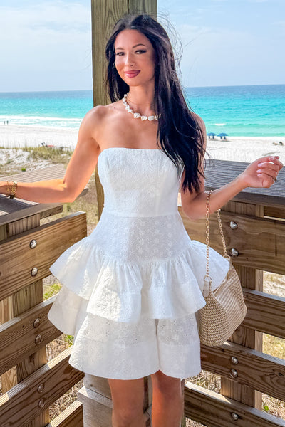 Drifting Petals Eyelet Embroidery Cotton Mini Dress (Off White) - NanaMacs