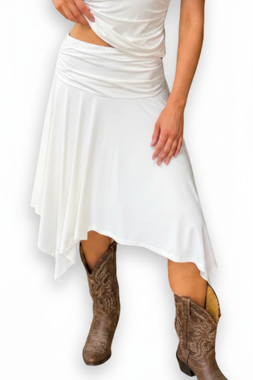 Woman in white flowy skirt